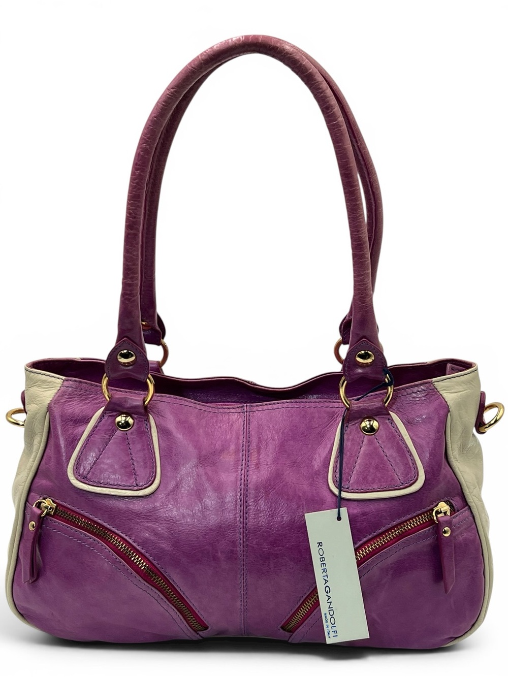 Vintage Roberta Gandolfi Italian Leather Bowler Bag 2 Tone Purple Beige Y2K Tote